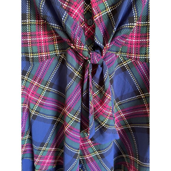 New! CATO Size Xl Blue Pink Berry Plaid Ruffle Neck Tie Waist Sheer Long Sleeve - Picture 7 of 8